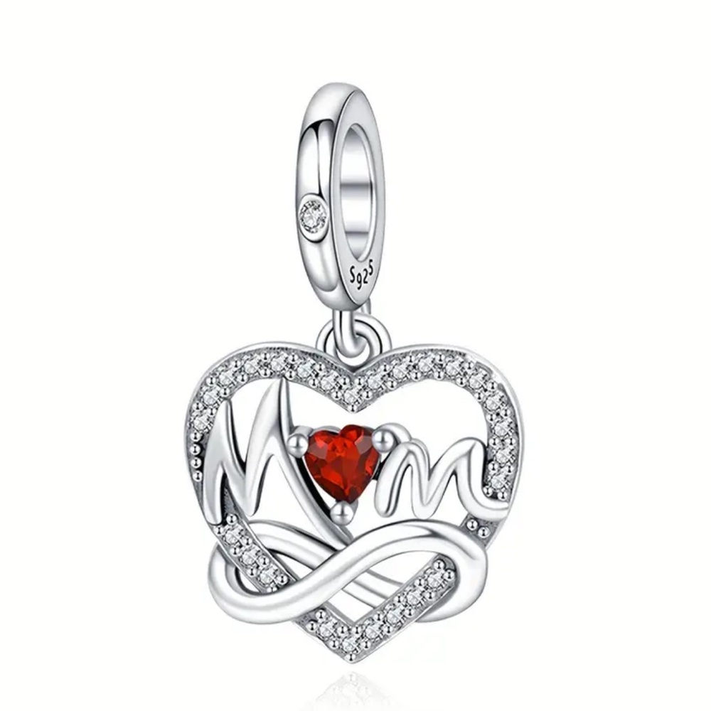 Pandora 925 Silver Heart Infinity “Mom” Charm Pendant with Red Gemstone - Picture 5 of 8